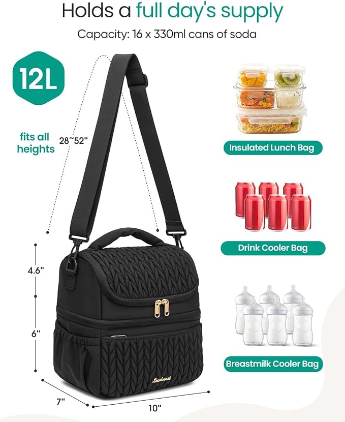 LEADVENST Lunch Bag Women, Double Deck Insulated Lunch Box - Large Capacity 12L with Detachable Divider for Tall Items, Leakproof, Durable & Reusable Cooler Bag For Work Picnic Travel, Quilted Black