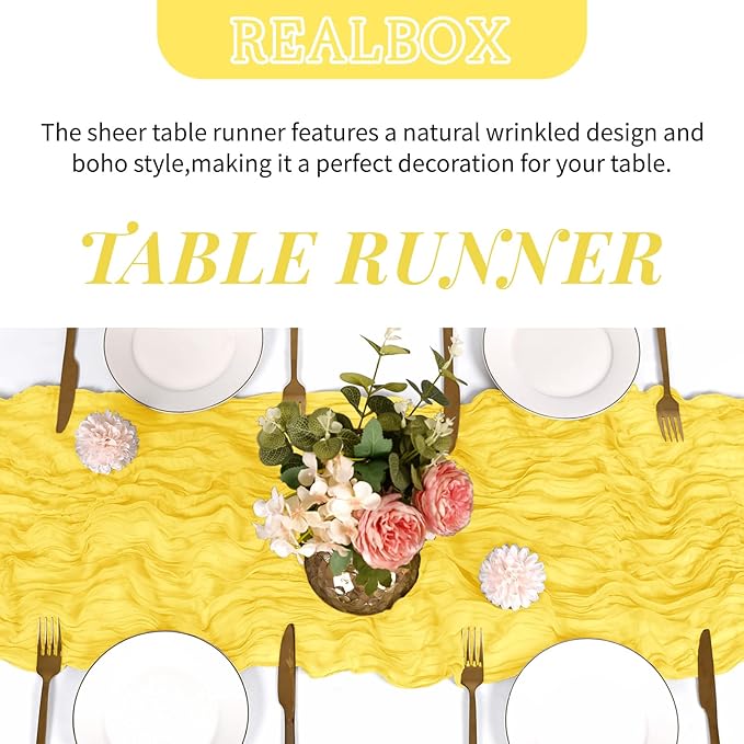 RealBox 6 Pack Lemon Yellow Cheesecloth Table Runner 17x108 Inch Semi Sheer Boho Gauze Cheese Cloth Fabric Table Runners Table Decor for Wedding Party Baby Shower Birthday Home Decor Garden Farmhouse