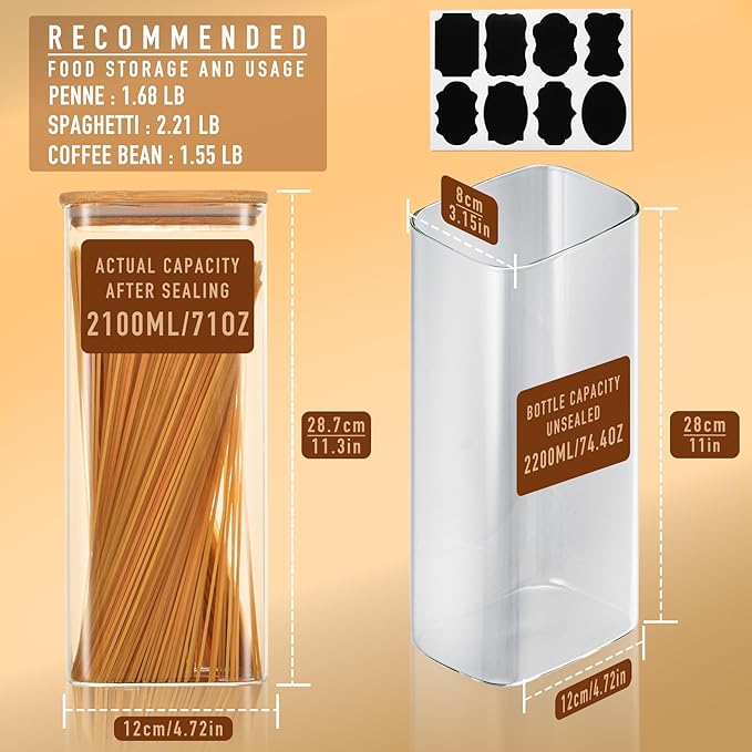 71oz Rectangle Airtight Glass Storage Containers with Bamboo Lids (Set of 4), Square Food Storage Jar, Pantry Organizers for Sugar, Flour, Spaghetti and Coffee beans (?럚ith Black Lable)