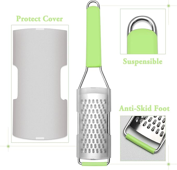 Cambom Lemon Zester Grater Three-piece Suit - Heavy Duty Kitchen Tool for Parmesan Cheese, Ginger, Garlic, Nutmeg, Chocolate, Vegetables竊똅ruits竊똕tainless Steel Grater Dishwasher Safe Green