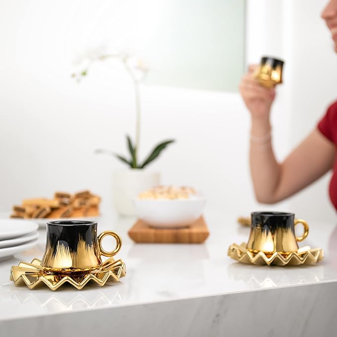 Turkish Coffee Cup Set of 6 with Saucers & Tray - Luxury Arabic Greek Japanese Marble Ceramic Tea Cups for Espresso Cappuccino Latte Mocha, Ideal Gift - 3.5oz, Black Gold