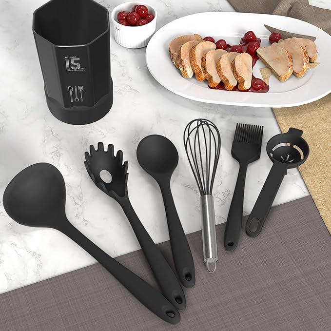 AOTHOD Silicone Cooking Utensils Set - 446째F Heat Resistant Kitchen Utensils,Turner Tongs,Spatula,Spoon,Brush,Whisk,Kitchen Utensil Gadgets Tools Set for Nonstick Cookware,Dishwasher Safe (BPA Free)