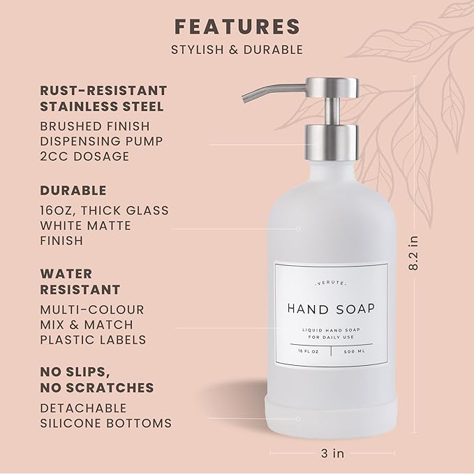 Hand and Dish Soap Dispenser for Kitchen and Bathroom, Set of 2 16 Oz Glass Bottles, Stainless Steel Pumps, Non-Slip Silicone Base, 27 Waterproof Labels (Matte White Bottle/Brushed Silver Pump)