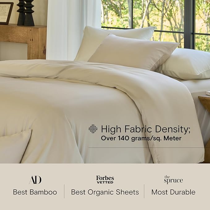 DOZ Sheet Set, 100% Viscose derived from Bamboo, Organically Grown, Buttery Soft, Cooling Sheets, High GSM, Deep Pockets - 4 Piece - 2 Pillowcases 1 Fitted 1 Top Sheet (Sand, Full)