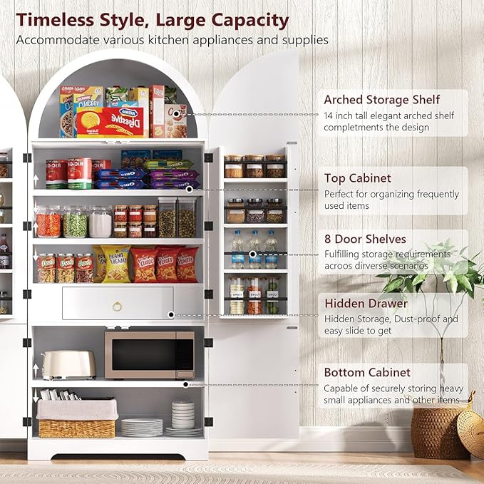 72" Tall Arched Kitchen Pantry Cabinet with 8 Door Shelves and Hidden Drawer, Fluted Storage Cabinets with 3 Adjustable Shelves, Versatile Cupboard for Kitchen (White)