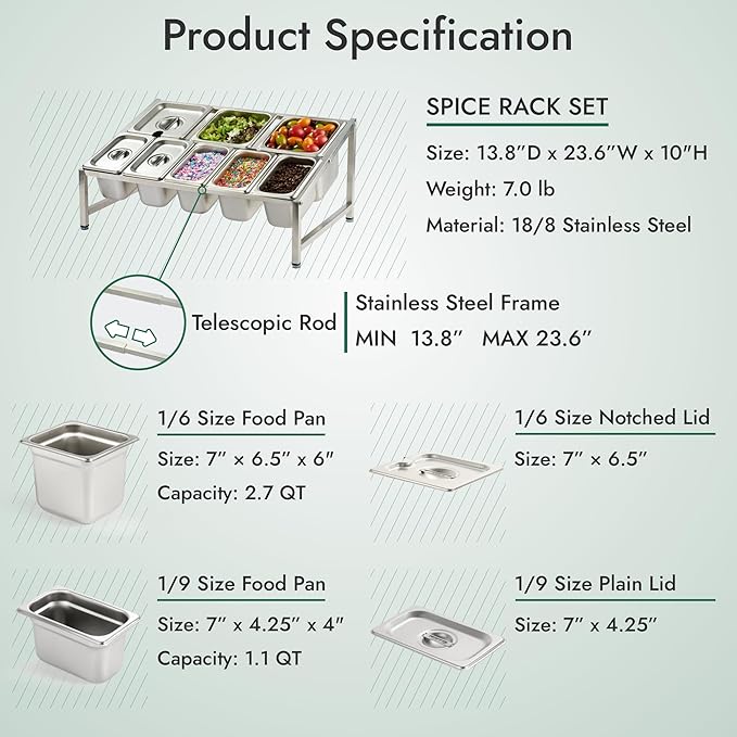 CURTA Expandable 18/8 Stainless Steel Spice Rack Set, NSF Certified, 2-Tier Inclined Organizer Shelf with 3 1/6 Pan & 5 1/9 Pan, 13.8"-23.6" Adjustable