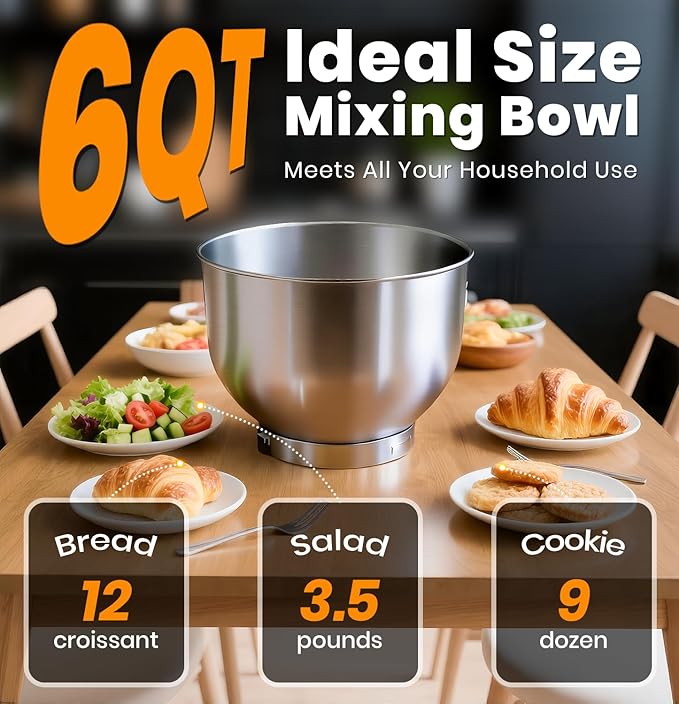 Stand Mixer 6QT Kitchen Mixer with LED Smart Touchscreen, 11-Speed Tilt-Head Mixer with Timer, 4 Preset Menus, Stainless Steel Bowl, Dough Hook, Whisk, Beater,Sliver