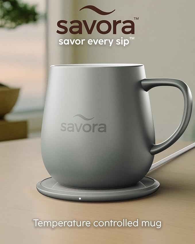 12oz Heated Coffee Mug | Barista?셲 Choice | Exclusive Wireless IntelliHeat Pad | Temperature Control Maintains 135째F | Hand-Crafted Ceramic Mug & Lid | Great for Tea Drinkers | Backed for Life - Grey