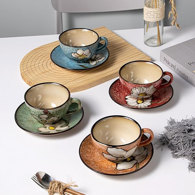 Cappuccino Cups with Saucers Set of 4 ??8oz Ceramic Coffee Cups, Latte Espresso Mugs with Floral Design, Colorful Coffee Cup Set for Cappuccino, Latte, Mocha (4 colors)