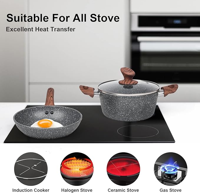 Granite Pots and Pans Set Non Stick, 11 Piece Die-Cast Induction Cookware Set, Nonstick Kitchen Cooking Set w/Frying Pans & Saucepans, PFOA Free