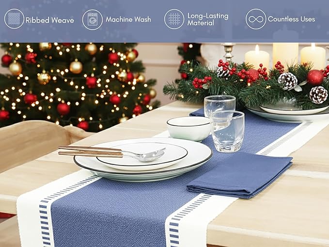PurpleEssences Table Runner - Wide with Dobby Stripe, Heavy Ribbed Weave & Double Knot Fringes, 14x90 Inch (14x95.5 with Fringes) Farmhouse Decor - Christmas Holiday Winter- French Blue and H.White