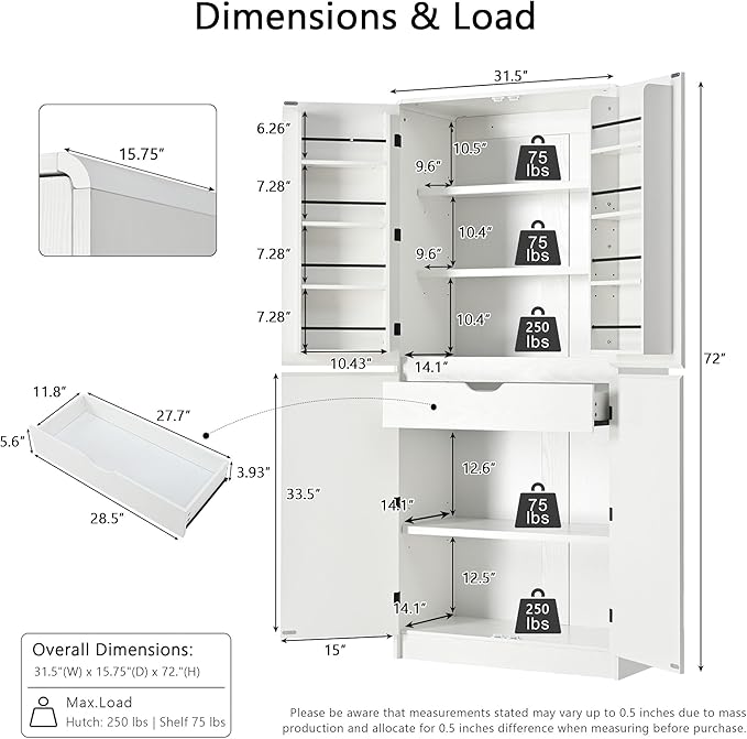 72" Tall Farmhouse Kitchen Pantry Cabinet with 8 Door Shelves, Curved Design Storage Cabinet with 3 Adjustable Shelves, Hidden Drawer, Versatile Cupboard for Kitchen, Dining & Bathroom (White)