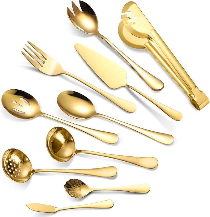 A쨌 HOUSEWARE Gold Kitchen Utensils Serving Set 10 Piece Catering Silverware Stainless Steel Flatware for Buffet Party include Tong Serving Spatula Skimmer Ladles Big Fork Cheese Knife Dessert Spoon