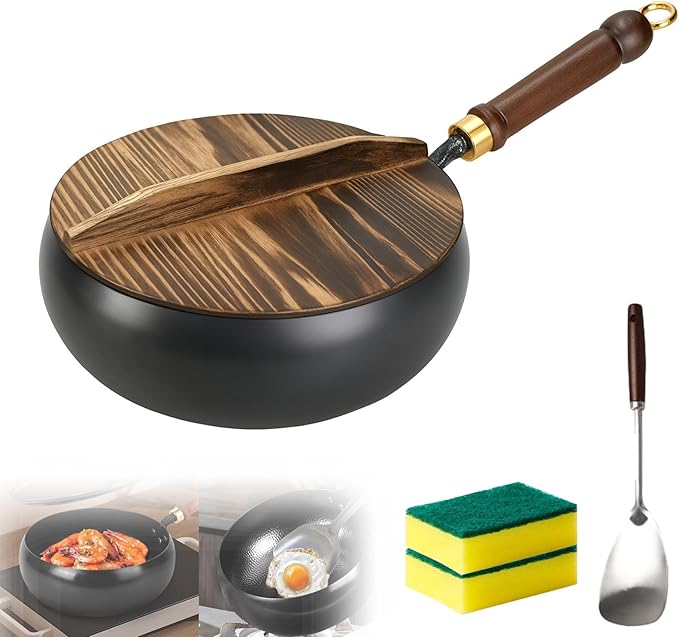 Usceshonn Iron Pot, Handmade Uncoated Thick Iron Wok with Wooden Lid, Japanese Hammered Large Belly Cooking Pan, Non-Stick Deep Stir Fry Pan for Gas & Open Flame (Wooden lid, 9.4in)