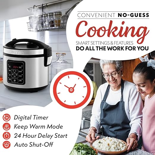 Gourmia Rice Cooker ??5 Qt Capacity, 20 Cup Cooked, 10 Cup Uncooked, Digital Controls, 6 Cooking Presets, Grain Cooker & Steamer, Nonstick Pot, Steam Tray, Delay Timer, Keep Warm, Stainless Steel