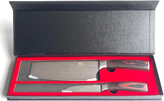 Professional 2-Piece Kitchen Knife Set, Nakiri and Paring Knives, Stainless Steel with Red Marbled Handle (Wood)