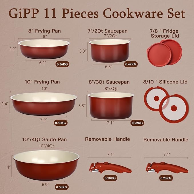 GIPP 11PCS Pots and Pans Set Non Stick,Nonstick Cookware Set Detachable Handle,Ceramic Pots for Cooking Non Stick with Removable Handle, RV Cookware Set, Red Black Gradien