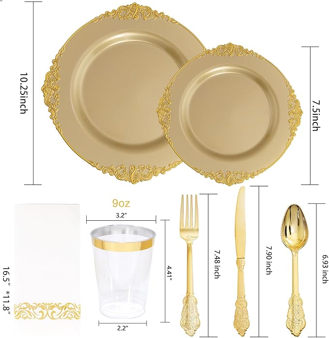 Morejoy 175PCS Solid Gold Plastic Plates with Gold Rim竊똤old disposable dinnerware sets Include 25 Dinner Plates,25 Dessert Plates,25 Cutlery Sets,25 Napkins Perfect for Party & Christmas