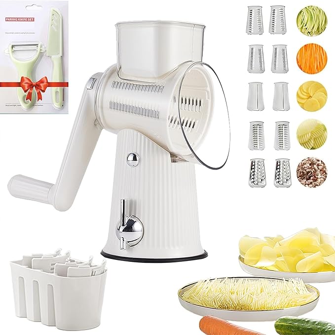 BSFRNF 5 In 1 Rotary Cheese Grater Vegetable Slicer for Kitchen, Carrot Shredder Tool-Food Shredders with 5 Sets Interchangeable Blades And Strong Suction Base (White)
