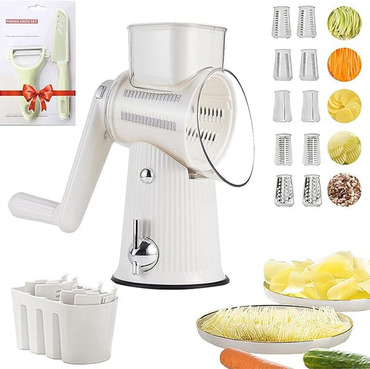 BSFRNF 5 In 1 Rotary Cheese Grater Vegetable Slicer for Kitchen, Carrot Shredder Tool-Food Shredders with 5 Sets Interchangeable Blades And Strong Suction Base (White)
