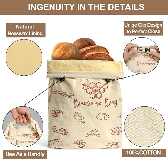 Reusable Bread Bags for Homemade Bread (XL,2 Pack) - Pure cotton Beeswax, Sourdough, Beeswax Bag,Storage Bag, Fresh and refrigerable, New Upgrade Food Storage Bag