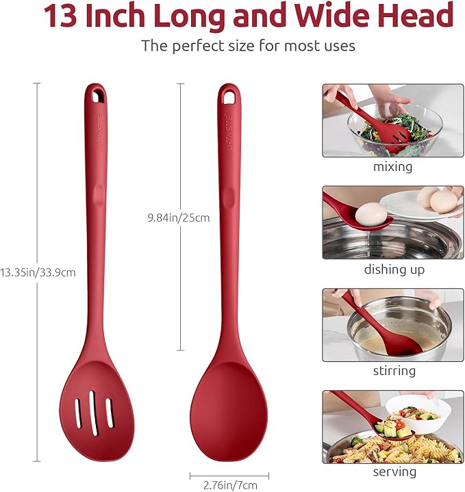 600쨘F Heat Resistant Silicone Spoons: U-Taste 13.3in Solid & Slotted Kitchen Cooking Spoon, Nonstick Long Rubber Utensil, Sturdy for Mixing, Serving, Stirring, Frying, Draining (Red, 2PCS)