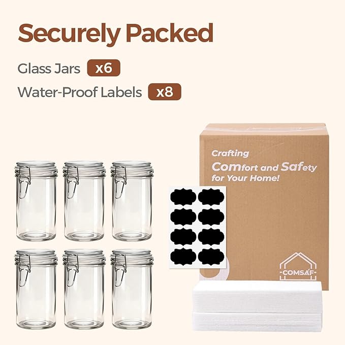 ComSaf Glass Jars with Airtight Lid Set of 6竊똌ason Jars 17 oz with Lids, Pint Jar, Canning Jar, Airtight Canister with Seal Wire Clip Fastening for Vanilla, Pickle, Cookie, Honey