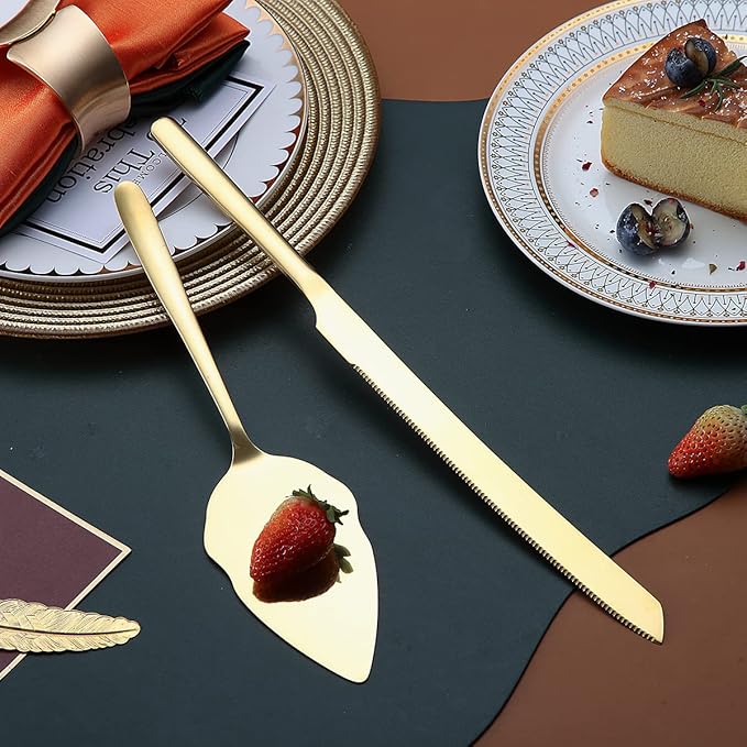 Gold Wedding Cake Knife and Server Set, Stainless Steel Cake Cutting Set, Include Cake Cutter and Cake Server for Parties, Activities, Family, Dishwasher Safe (Shiny Gold)