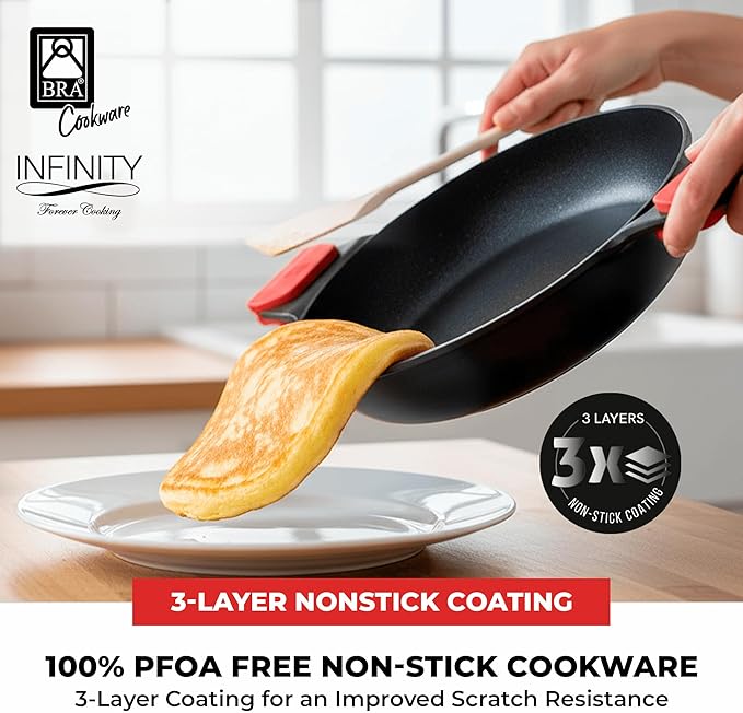 BRA COOKWARE Infinity Dual-Handled Saut챕 Pan w/Glass Lid | 11-Inch 2.95-Quart Shallow Stock Pot | Nonstick Cast Aluminum Everyday Chef Pan | PFAS Free Rondeau Pot | All Cooktops incl. Induction