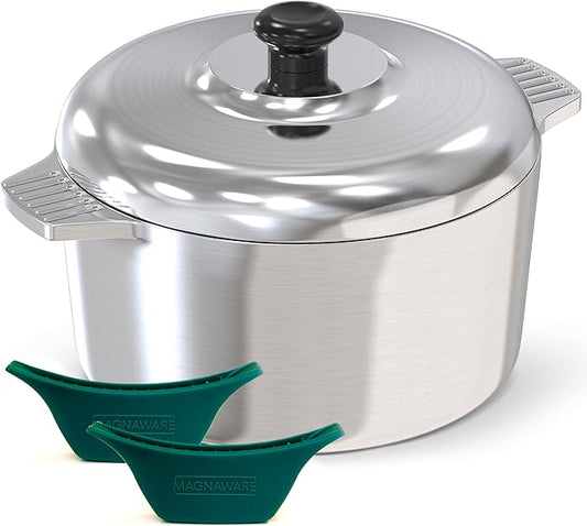 Cast Aluminum Dutch Oven with Lid - 5 Quart Lightweight Cookware Pot with Silicone Covers for Easy Handling - Even Heat Distribution & Retention - For Bread Baking, Stew, Simmering & More