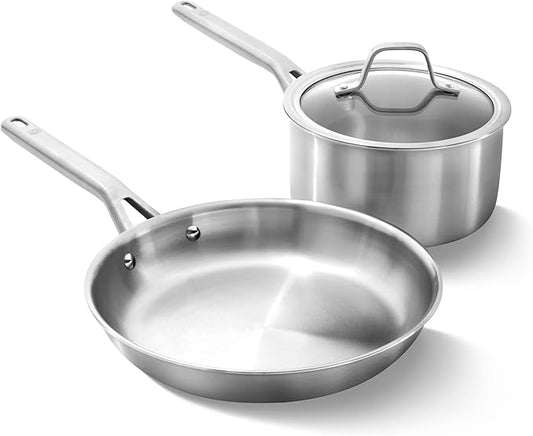Calphalon Premier Brushed 5-Ply Stainless Steel Cookware Set w/Turbo Heat Tech 3 Piece Includes Fry and Sauce Pan Set, Induction, Oven Safe 450F, Silver