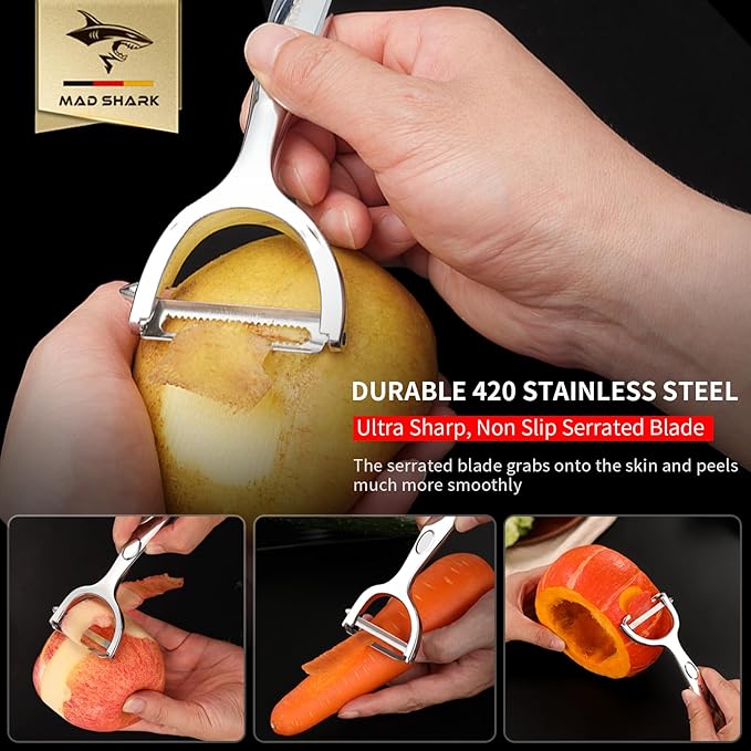 MAD SHARK Ultra Sharp vegetable peelers for kitchen ??10 Years No-Rust Stainless Steel Serrated Potato Peeler Easy to Use Y Peeler with Durable Non-Slip Ergonomic Grips for Carrots, Fruits, Veggie