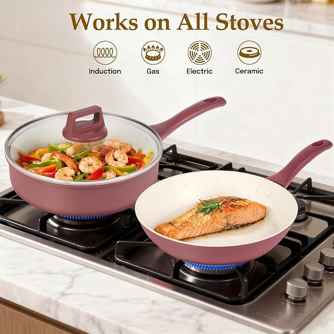 Pots and Pans Set Non Stick, 11 Pcs Kitchen Induction Cookware Set, Non Toxic Granite Nonstick Cooking Set with Frying Pan Set, Saucepans, Utensils, Reddish Brown