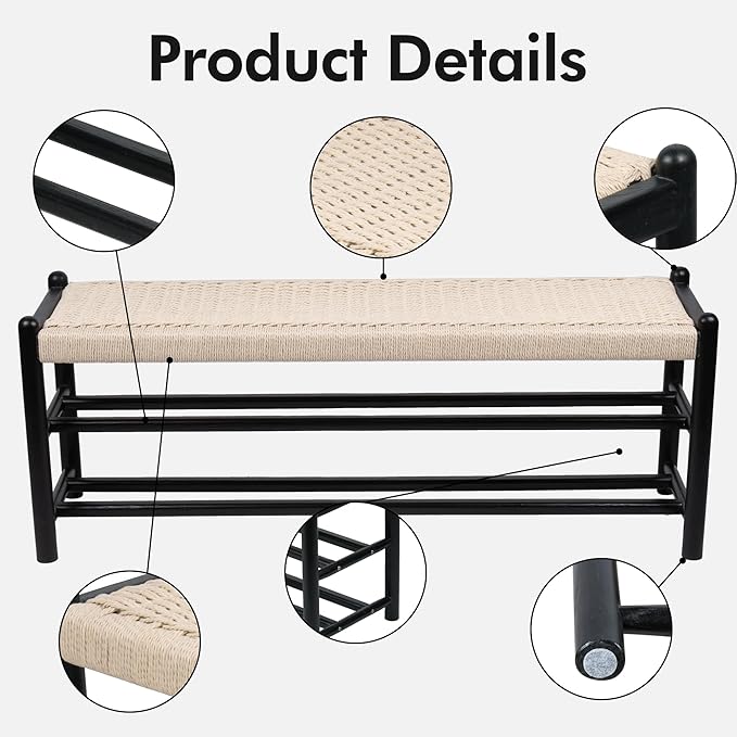 XINNAN Solid Wood Entryway Bench with Shoe Storage, Rustic Oak Wood and Woven Design 45 Inch Long Seating for Living and Dining Rooms, 3-Tier Black