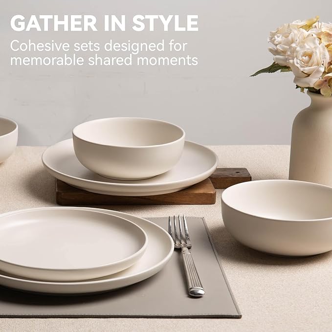 Furrnook 12-Piece Stoneware Dinnerware Set with Mugs | Microwave and Dishwasher Friendly | Stackable Matte Glaze Plates & Bowls | Service for 3 (White for 3)