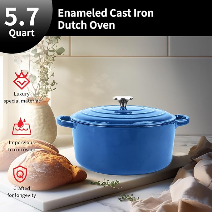 Enameled Cast Iron Dutch Oven Pot with Lid, 5.7 Quart Dutch Oven for Bread Baking, Oven Safe up to 500째 F, Suitable for Bread Baking, Braising, Roasting, Stews, Blue