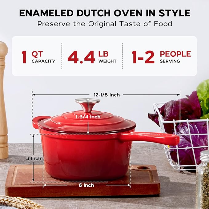 Onader Enameled Cast Iron Sauce Pan, 1QT Small Saucepan with Lid, Cast Iron Sauce Pot Enamel Dutch Oven, Nonstick & Heavy Duty ??Red