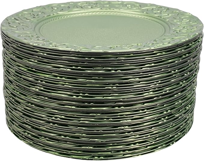 100pcs Green Charger Plates, 13" Round Reusable Decorative Flower Relief Carving Bulk Chargers for Dinner Plates, Wedding, Bridal Shower
