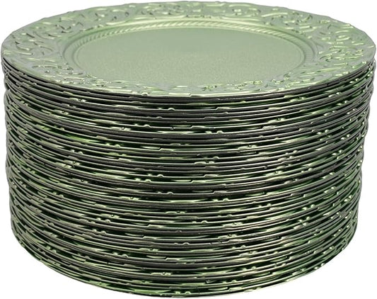 100pcs Green Charger Plates, 13" Round Reusable Decorative Flower Relief Carving Bulk Chargers for Dinner Plates, Wedding, Bridal Shower