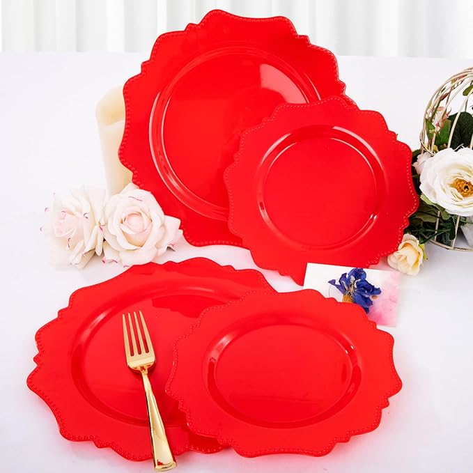 COLOSUS Disposable Plastic Plates 60Pcs, Christmas Red Plastic Party Plates, Heavy Duty 30 Dinner plate 10.5??and 30 Salad/Dessert Plate 8.25??for Christmas party dinner