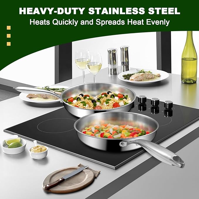 EWFEN 12 Inch Tri-Ply Stainless Steel Frying Pan, Compatible with All Cooktops Up to 600?? Large Frying Pan with lids, Induction-Ready Skillet, Dishwasher and Oven Safe, Fast & Even Heat, Heavy Duty