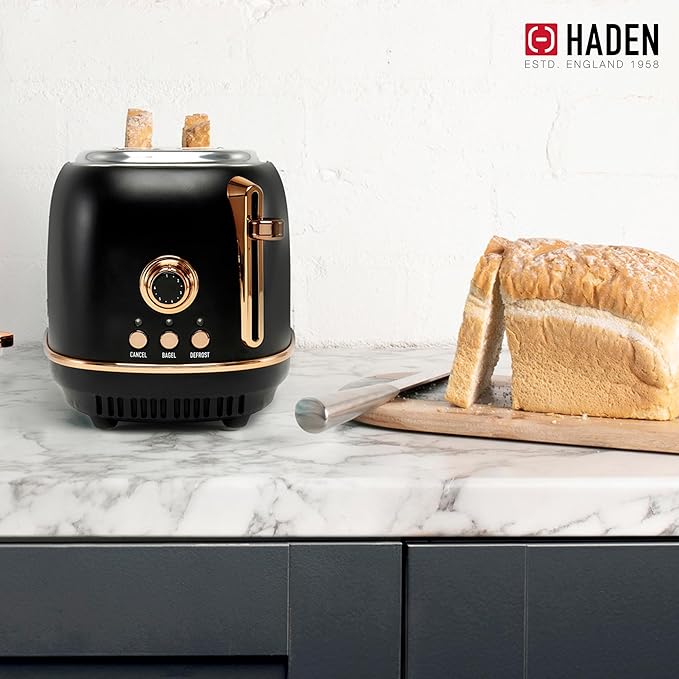 Haden Heritage 2 Slice Wide Slot Stainless Steel Toaster with Adjustable Browning Control & Non-Slip Feet, Black & Copper