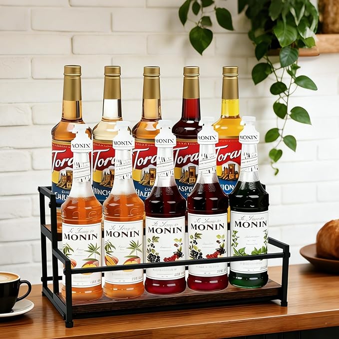 Coffee Syrup Rack Organizer - Metal Bottle Holder for 10 Bottles ??Rustic Countertop Display Shelf for Coffee Bar, Kitchen Cabinet, Pantry Storage for Syrups, Liquor, Spice, Tea & Wine (2-Tier)