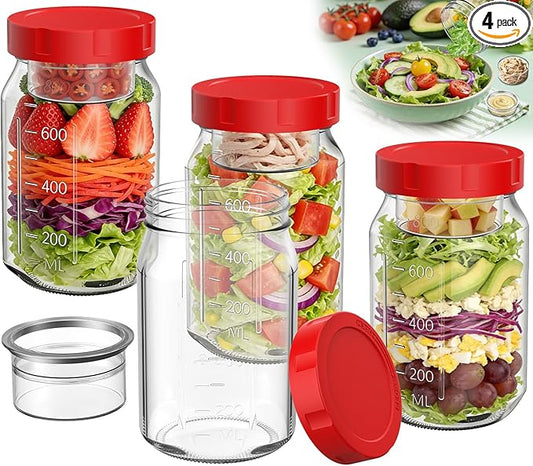 4Pack Glass Salad Jars with Lids, 32oz Salads Mason Jars with Wet/Dry Separation Cup, Meal Prep Salad Containers for Lunch, Leakproof Wide Mouth Food Storage Containers, BPA-Free Reusable (Red)