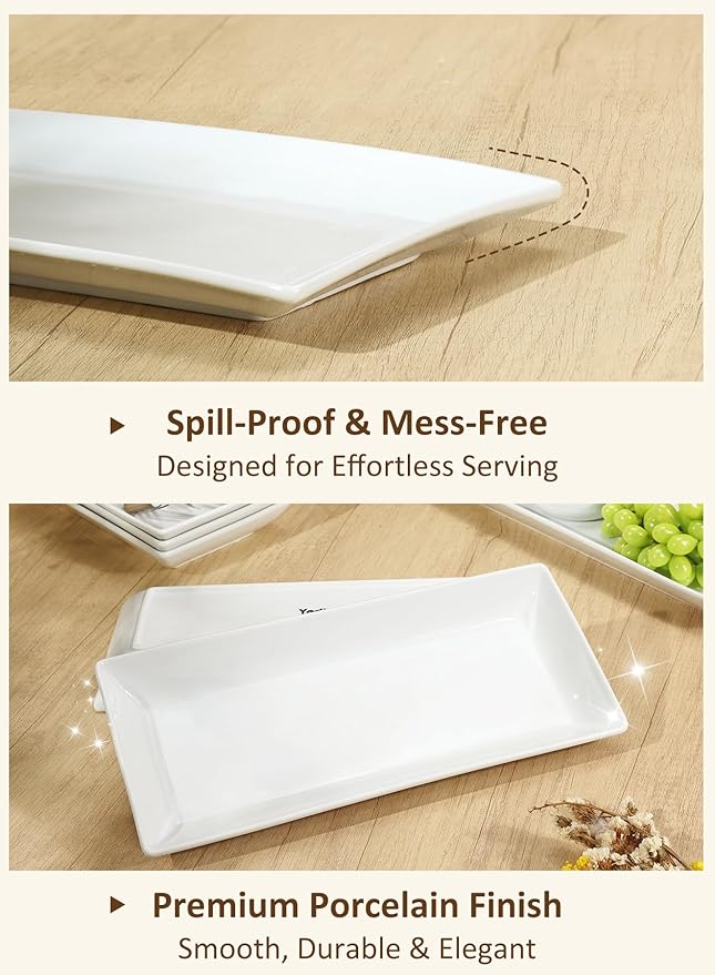 Yedio Porcelain Rectangular Dinner Platters, 9.75 Inch Rectangle Serving Plates for Sushi, Snacks, Cake, Meat & Appetizers, Set of 4, Elegant White Design