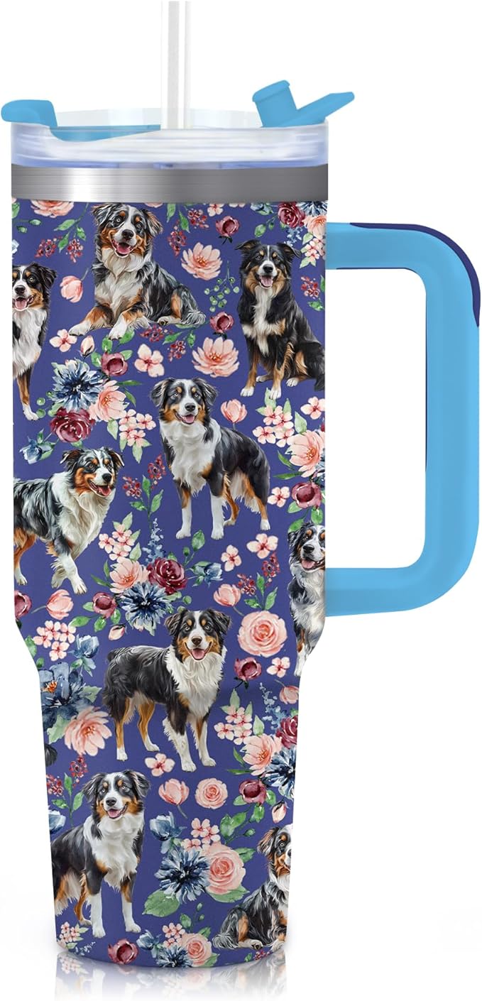 Yogusut Australian Shepherd Gifts for Women, 40oz Stainless Steel Insulated Tumbler Travel Mug Cup with Handle Straw, Gifts for Dog Mom Dog Lover