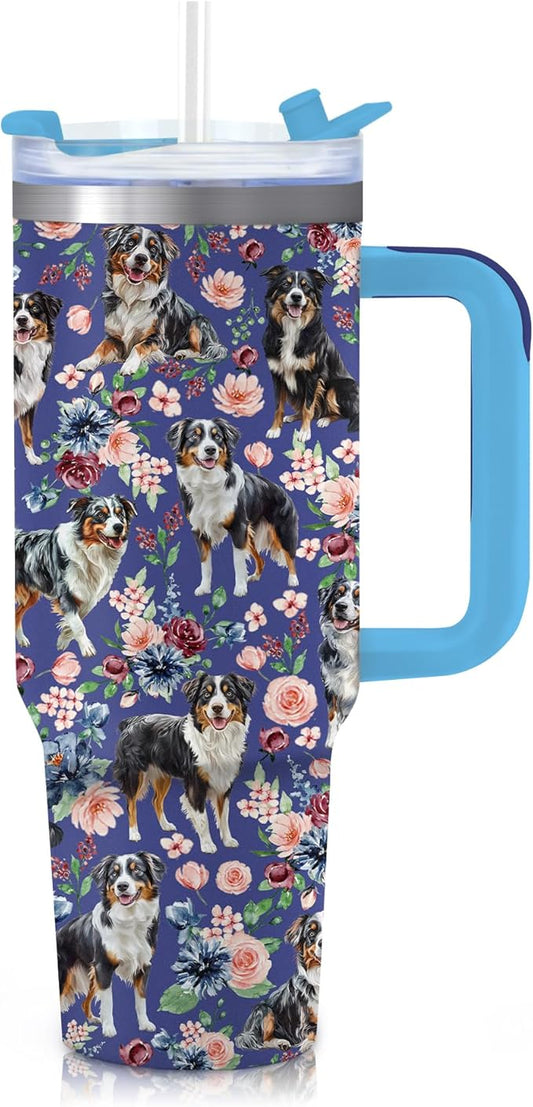 Yogusut Australian Shepherd Gifts for Women, 40oz Stainless Steel Insulated Tumbler Travel Mug Cup with Handle Straw, Gifts for Dog Mom Dog Lover