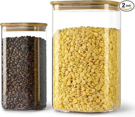 156oz 52oz Airtight Glass Square Storage Canister with Bamboo Lid Set of 2(4600ml*1 1550ml*1) Large Gallon Glass Jars for Sugar, Flour, Cookies and Coffee beans (?럚ith Black Lable)