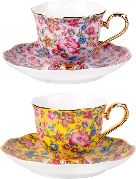 KAMMAK Tea Cups and Saucers Set of 2, Porcelain Coffee Cups with Saucer for Espresso, Cappuccino, 6.3oz Vintage Pink and Yellow Ceramic Novelty Mug for Home, Tea Party, Office