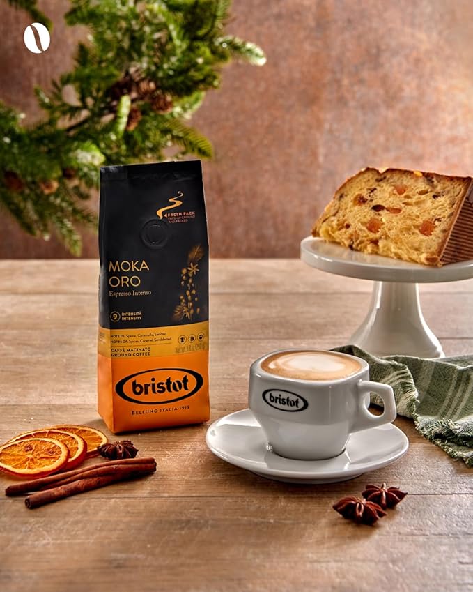 Bristot Moka Oro Ground Coffee ??Italian Espresso ??Medium Roast ??Notes of Spices, Caramel & Sandalwood ??For Moka, French Press, Pour Over ??8.8oz (250g)